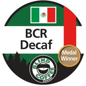 Decaf Icon with Blind Coffee logo and the Mexican flag and a medal