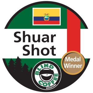 Shuar Shot Icon with Blind Coffee logo and Ecuadorian flag