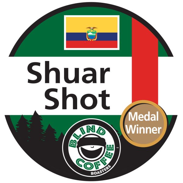 Shuar Shot Icon with Blind Coffee logo and Ecuadorian flag