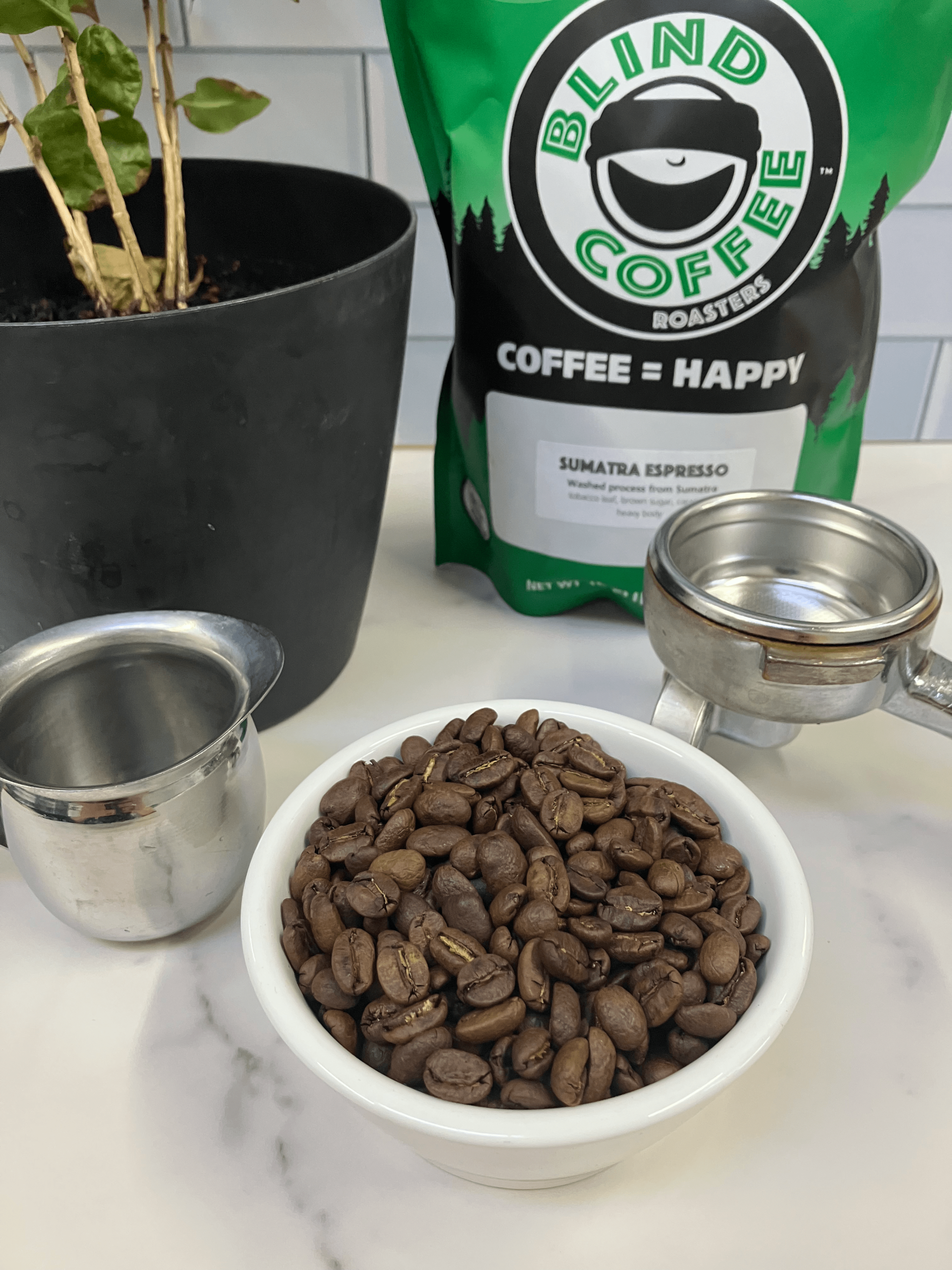 Sumatra Espresso beans in a bowl with a bag of Sumatra Espresso, coffee tree, portafilter, and espresso pitcher